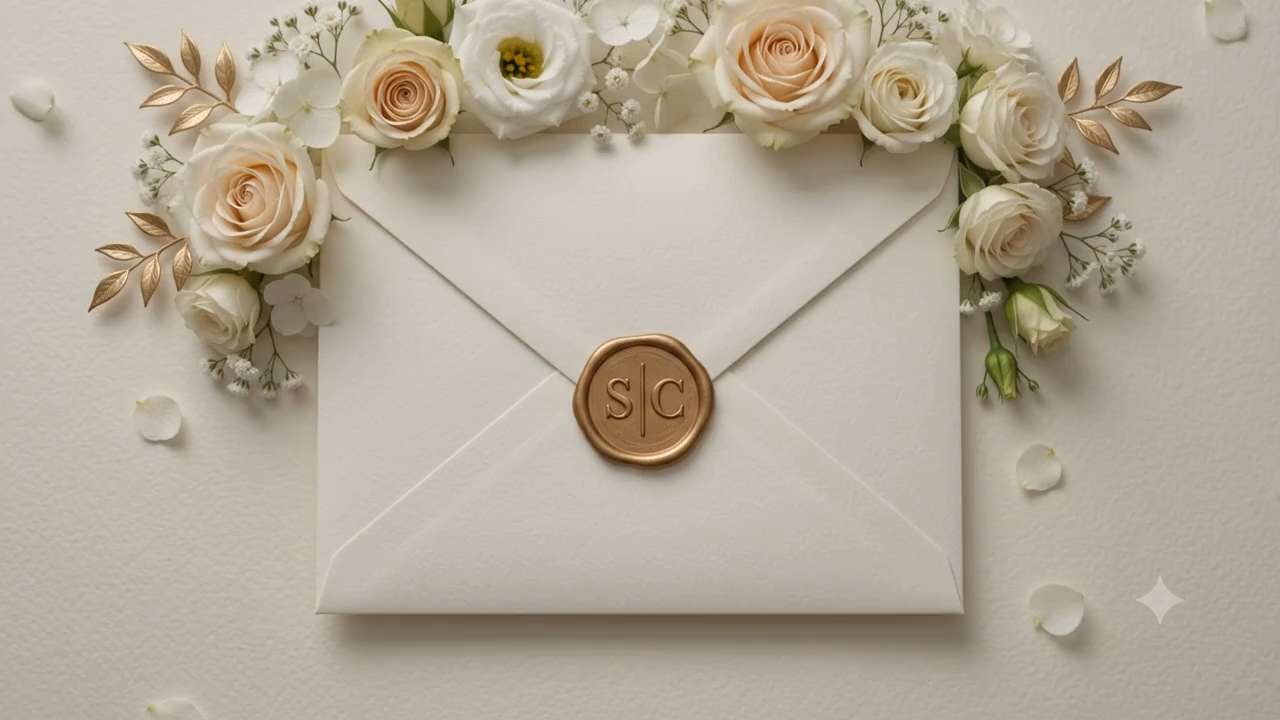 Ivory envelope sealed with a gold S and C wax monogram